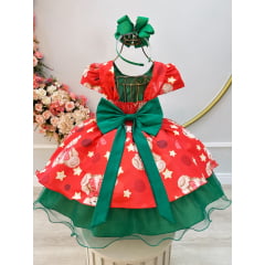 Vestido Infantil Vermelho e Verde Ursinhos Natal Festas