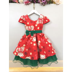 Vestido Infantil Vermelho e Verde Ursinhos Natal Festas