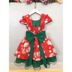 Vestido Infantil Vermelho e Verde Ursinhos Natal Festas