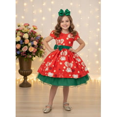 Vestido Infantil Vermelho e Verde Ursinhos Natal Festas