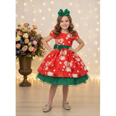 Vestido Infantil Vermelho e Verde Ursinhos Natal Festas
