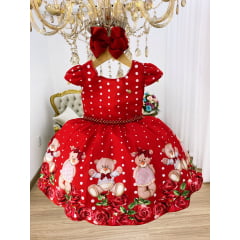 Vestido Infantil Vermelho Festas Ursinho Floral Luxo