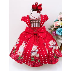 Vestido Infantil Vermelho Festas Ursinho Floral Luxo