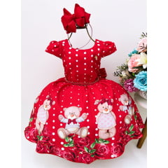 Vestido Infantil Vermelho Festas Ursinho Floral Luxo