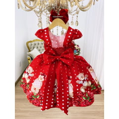 Vestido Infantil Vermelho Festas Ursinho Floral Luxo