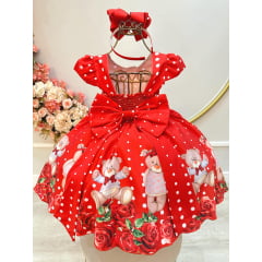 Vestido Infantil Vermelho Festas Ursinho Floral Luxo