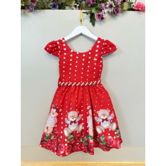 Vestido Infantil Vermelho Festas Ursinho Floral Luxo