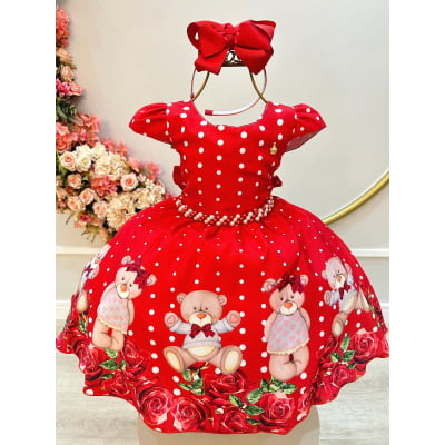 Vestido Infantil Vermelho Festas Ursinho Floral Luxo