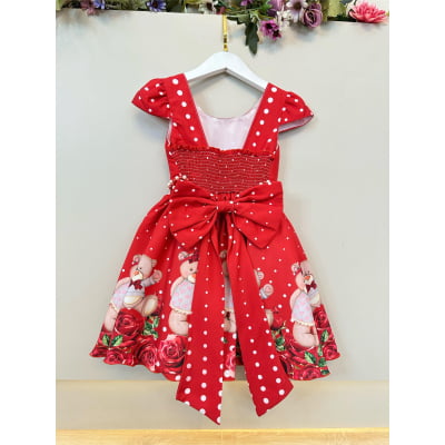 Vestido Infantil Vermelho Festas Ursinho Floral Luxo