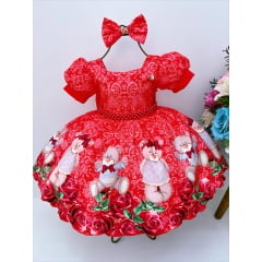 Vestido Infantil Vermelho Festas Ursinho Floral Pérolas