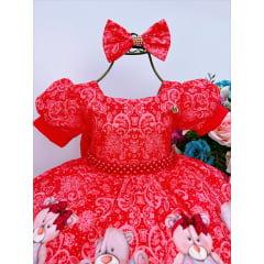 Vestido Infantil Vermelho Festas Ursinho Floral Pérolas