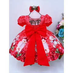 Vestido Infantil Vermelho Festas Ursinho Floral Pérolas