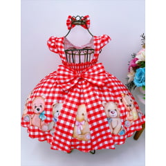 Vestido Infantil Vermelho Festas Ursinho Xadrez Pérolas