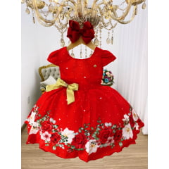 Vestido Infantil Vermelho Floral Estrelas Laço Dourado Festa