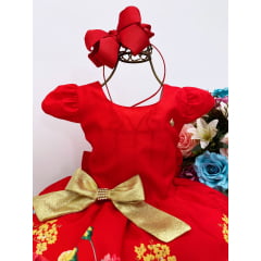 Vestido Infantil Vermelho Floral Laço Dourado Luxo Festas