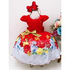 Vestido Infantil Vermelho Floral Laço Dourado Luxo Festas
