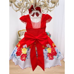 Vestido Infantil Vermelho Floral Laço Dourado Luxo Festas