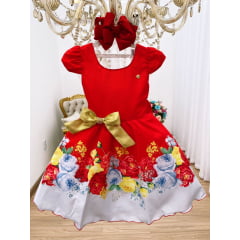 Vestido Infantil Vermelho Floral Laço Dourado Luxo Festas