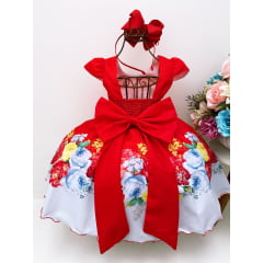 Vestido Infantil Vermelho Floral Laço Dourado Luxo Festas