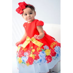 Vestido Infantil Vermelho Floral Laço Dourado Luxo Festas
