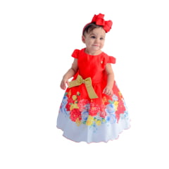 Vestido Infantil Vermelho Floral Laço Dourado Luxo Festas