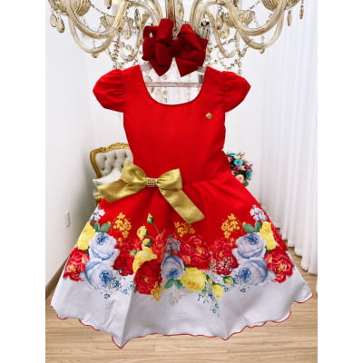 Vestido Infantil Vermelho Floral Laço Dourado Luxo Festas