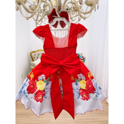 Vestido Infantil Vermelho Floral Laço Dourado Luxo Festas