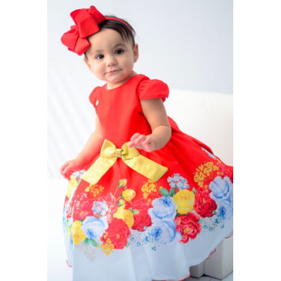 Vestido Infantil Vermelho Floral Laço Dourado Luxo Festas