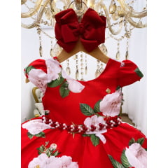 Vestido Infantil Vermelho Flores Brancas Cinto Pérolas Luxo