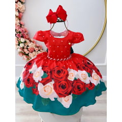 Vestido Infantil Vermelho Florido Com Cinto de Pérolas Natal