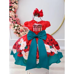 Vestido Infantil Vermelho Florido Com Cinto de Pérolas Natal