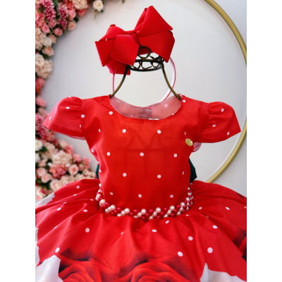 Vestido Infantil Vermelho Florido Com Cinto de Pérolas Natal