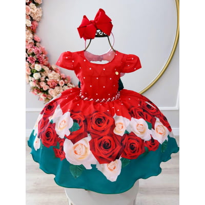 Vestido Infantil Vermelho Florido Com Cinto de Pérolas Natal