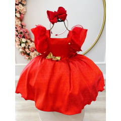 Vestido Infantil Vermelho Jacquard Broche Dourado Natal