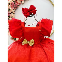 Vestido Infantil Vermelho Jacquard Broche Dourado Natal