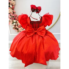 Vestido Infantil Vermelho Jacquard Broche Dourado Natal