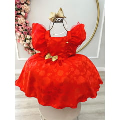 Vestido Infantil Vermelho Jacquard Broche Dourado Natal Festa