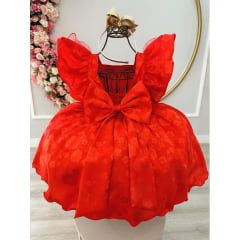 Vestido Infantil Vermelho Jacquard Broche Dourado Natal Festa