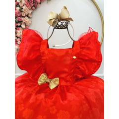 Vestido Infantil Vermelho Jacquard Broche Dourado Natal Festa