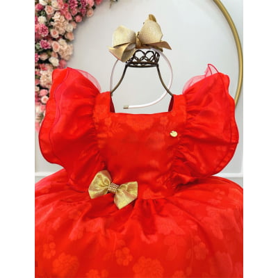 Vestido Infantil Vermelho Jacquard Broche Dourado Natal Festa