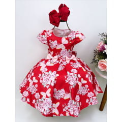Vestido Infantil Vermelho Jardim Borboletas Laços Luxo