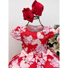 Vestido Infantil Vermelho Jardim Borboletas Laços Luxo