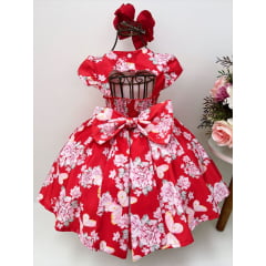 Vestido Infantil Vermelho Jardim Borboletas Laços Luxo