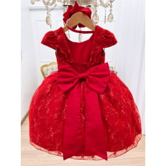 Vestido Infantil Vermelho Renda de Flores e Cinto de Pérolas