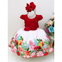 Vestido Infantil Vermelho Renda Saia Floral Branca Pérolas
