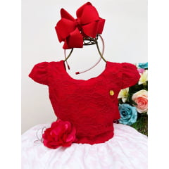 Vestido Infantil Vermelho Renda Saia Floral Branca Pérolas
