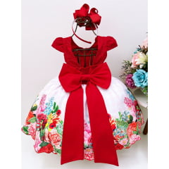 Vestido Infantil Vermelho Renda Saia Floral Branca Pérolas