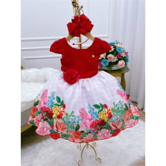 Vestido Infantil Vermelho Renda Saia Floral Branca Pérolas