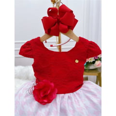 Vestido Infantil Vermelho Renda Saia Floral Branca Pérolas