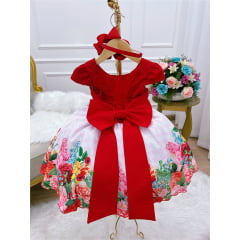 Vestido Infantil Vermelho Renda Saia Floral Branca Pérolas